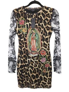 Ed Hardy Dolls Kill Sz Small Leopard Mesh Bodycon Mini Dress Virgin Mary Graphic